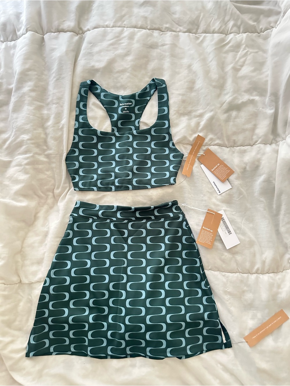 Reformation Green Zigzag Geometric Racerback Crop & A-Line Skirt Set - NEW